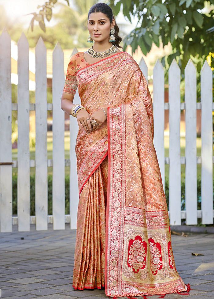 Peach Spun Silk Saree With Blouse Piece