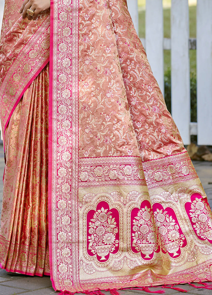 Peach Spun Silk Saree With Blouse Piece