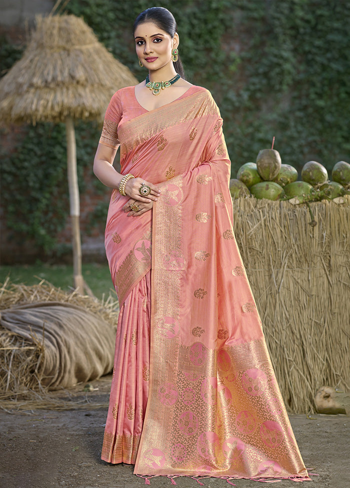 Peach Spun Silk Saree With Blouse Piece