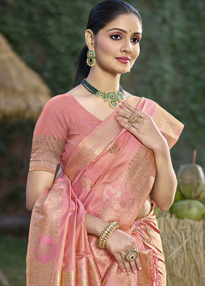 Peach Spun Silk Saree With Blouse Piece