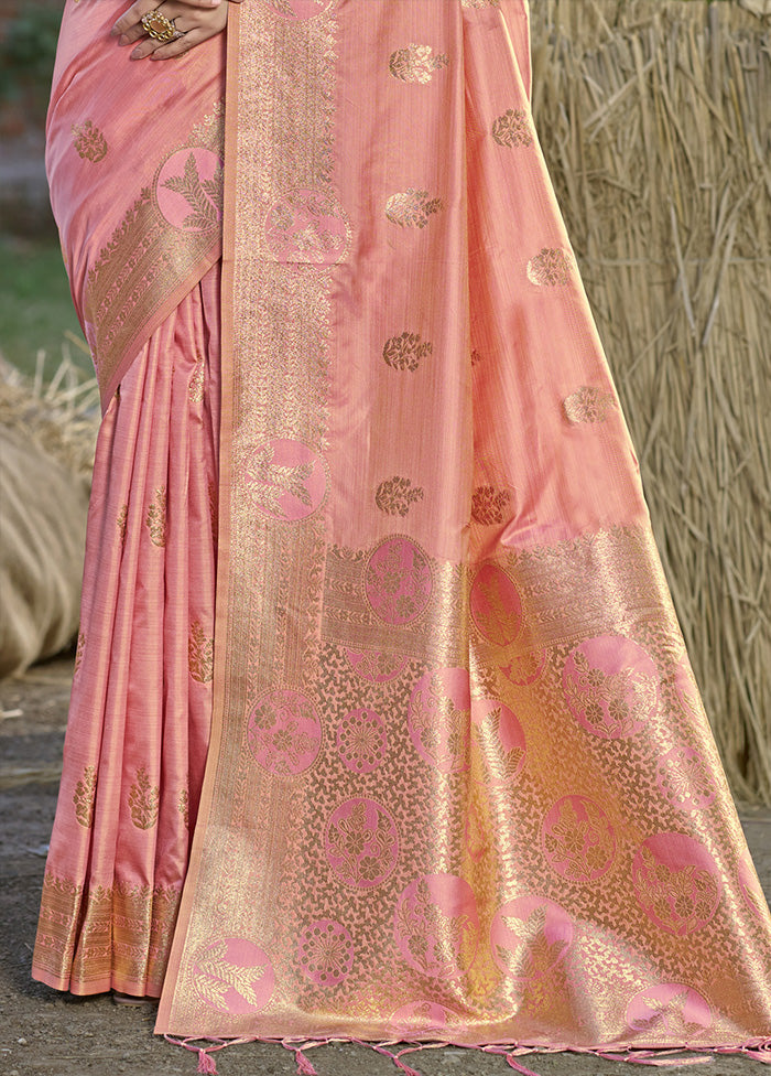 Peach Spun Silk Saree With Blouse Piece