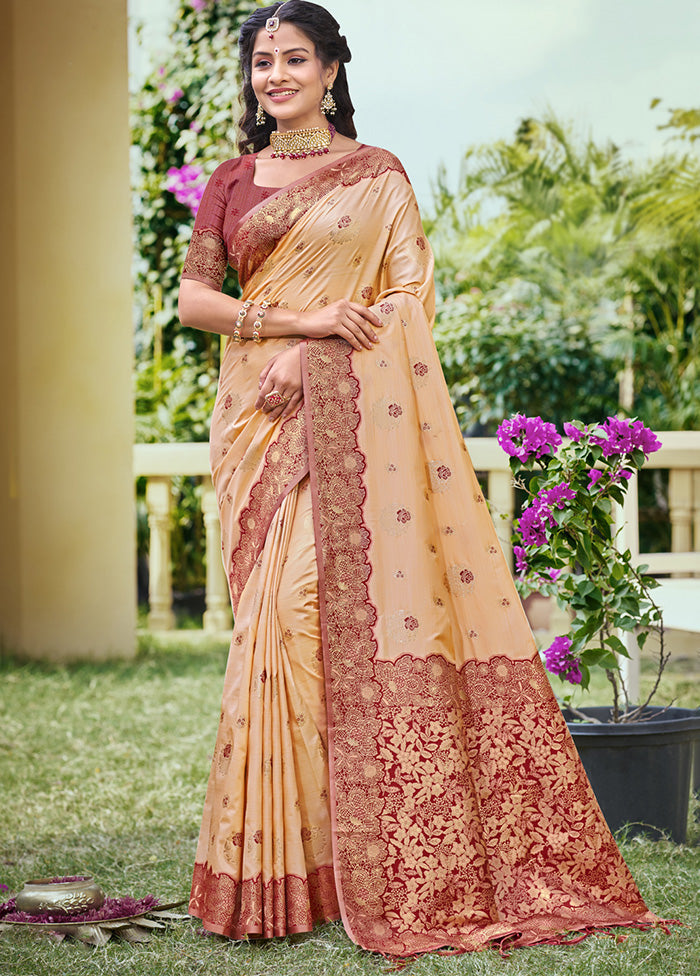 Peach Spun Silk Saree With Blouse Piece