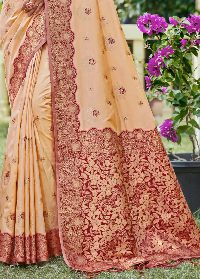 Peach Spun Silk Saree With Blouse Piece