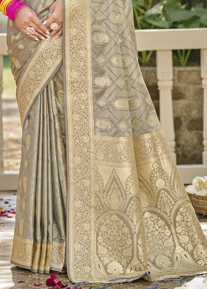 Grey Satin Silk Saree With Blouse Piece