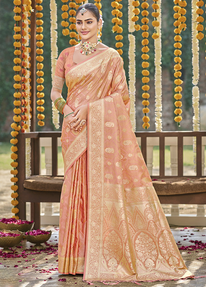 Peach Satin Silk Saree With Blouse Piece