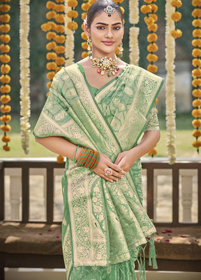 Light Green Satin Silk Saree With Blouse Piece