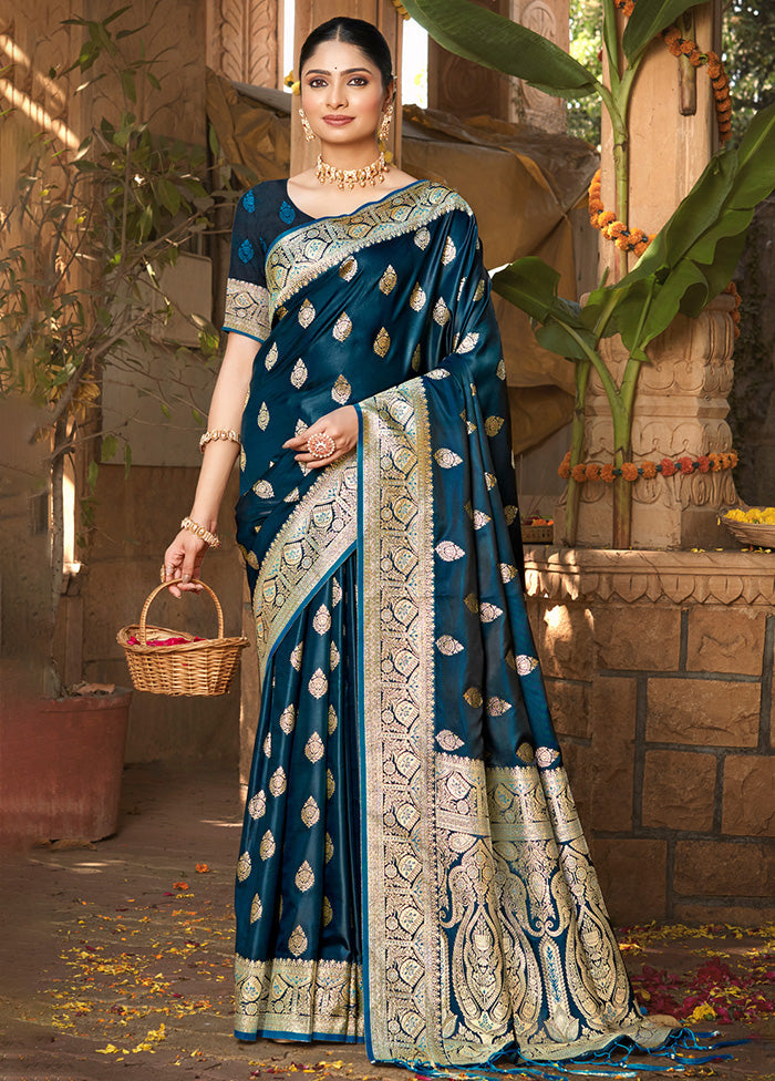 Navy Blue Dupion Silk Saree With Blouse Piece