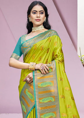 Parrot Green Dupion Silk Saree With Blouse Piece