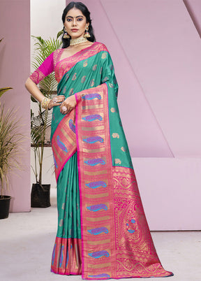 Teal Green Dupion Silk Saree With Blouse Piece