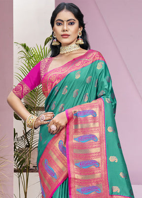 Teal Green Dupion Silk Saree With Blouse Piece