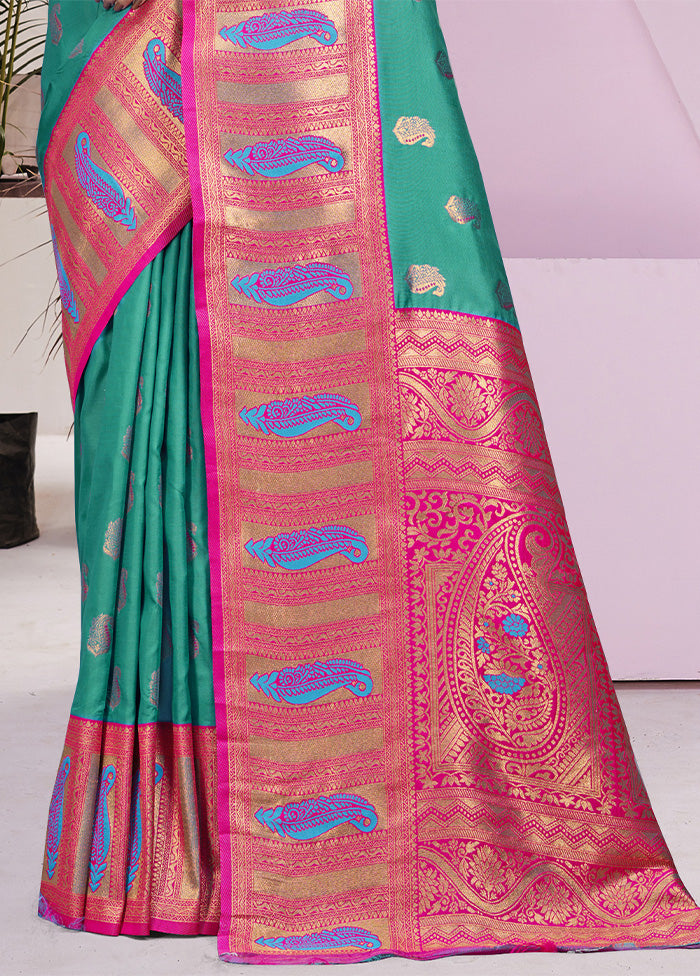 Teal Green Dupion Silk Saree With Blouse Piece