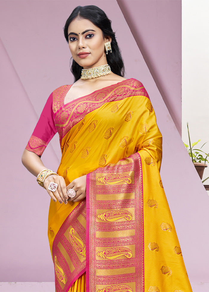 Yellow Dupion Silk Saree With Blouse Piece