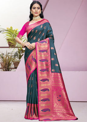 Rama Dupion Silk Saree With Blouse Piece