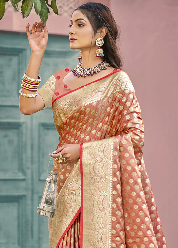 Peach Spun Silk Saree With Blouse Piece