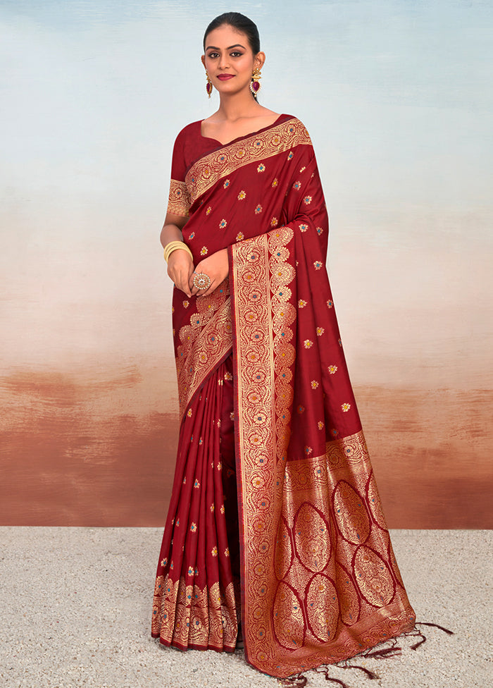 Maroon Dupion Silk Saree With Blouse Piece