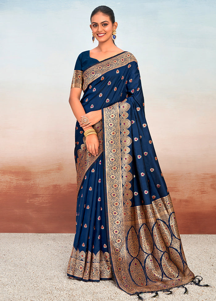 Navy Blue Dupion Silk Saree With Blouse Piece