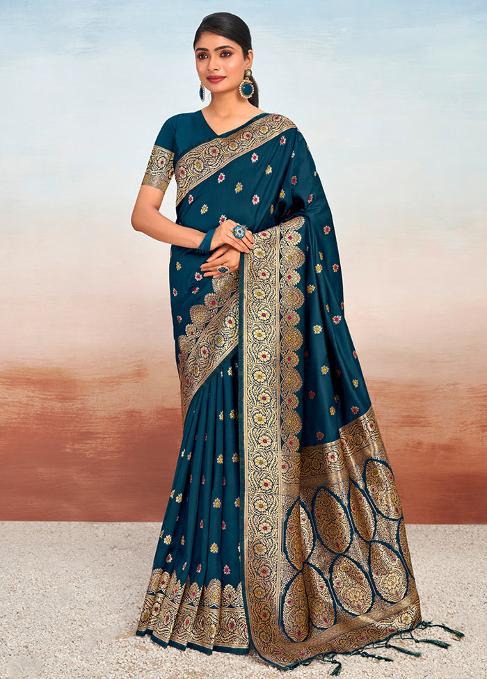 Navy Blue Dupion Silk Saree With Blouse Piece