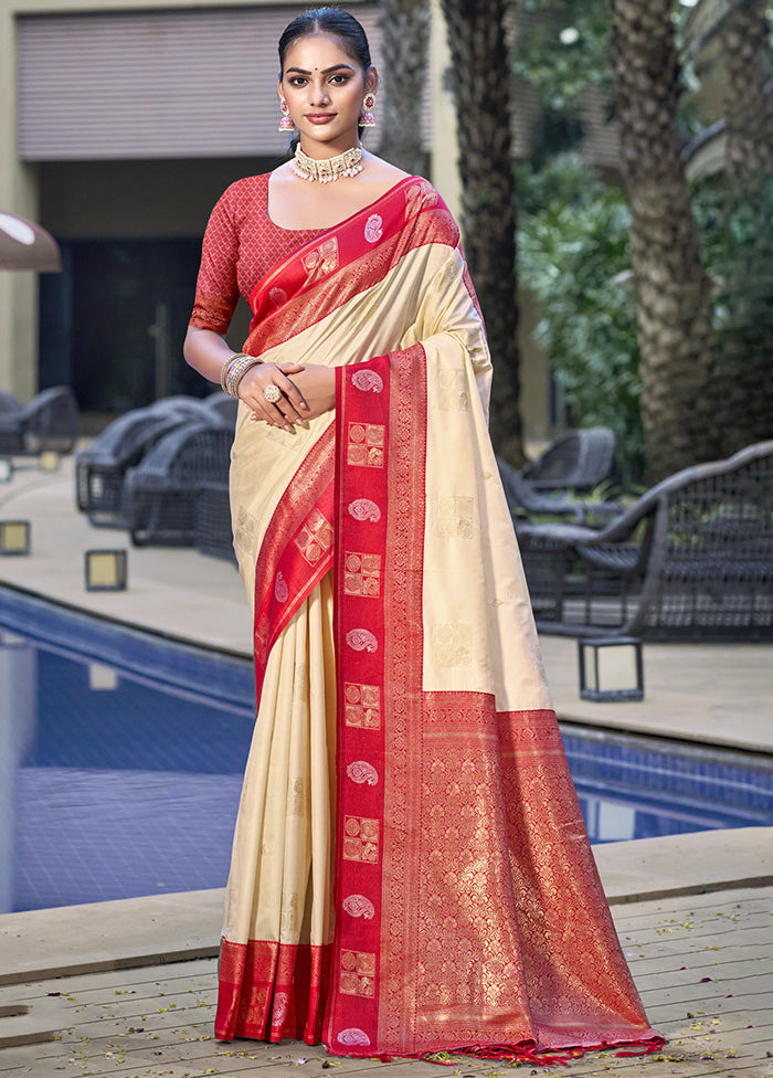 Cream Spun Silk Saree With Blouse Piece