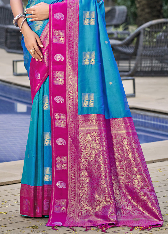 Blue Spun Silk Saree With Blouse Piece