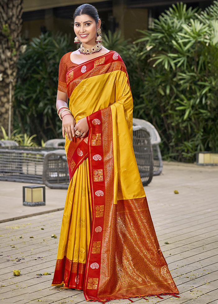 Yellow Spun Silk Saree With Blouse Piece