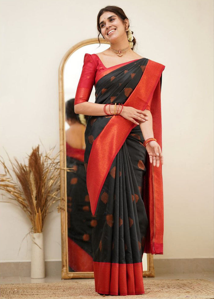 Black Spun Silk Saree With Blouse Piece