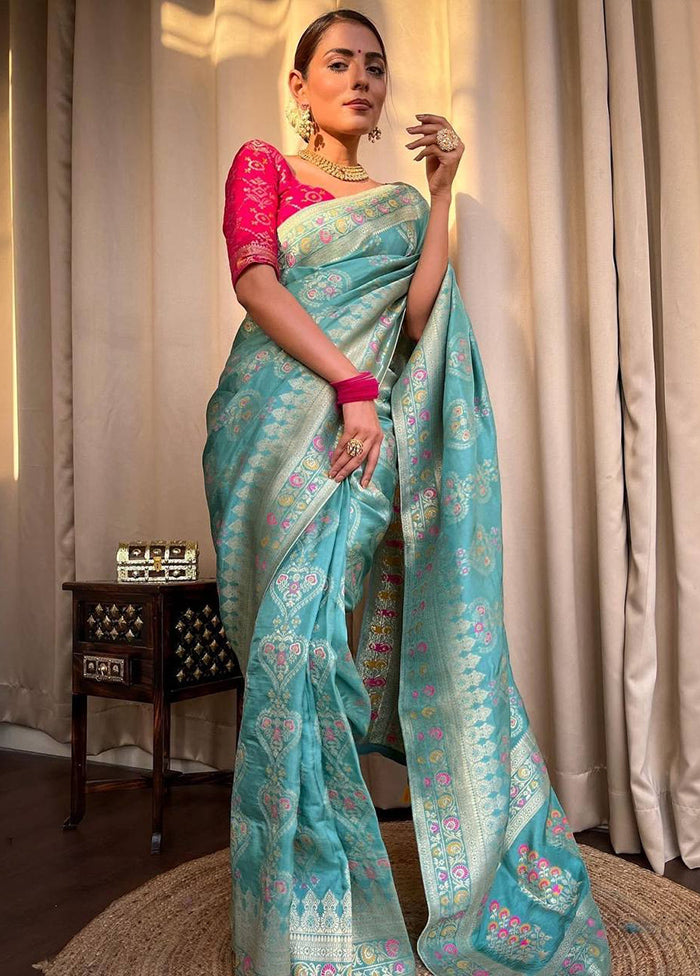 Blue Banarasi Silk Saree With Blouse Piece