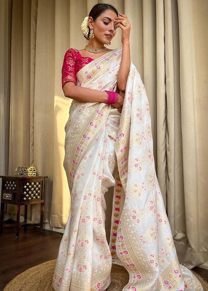 White Banarasi Silk Saree With Blouse Piece