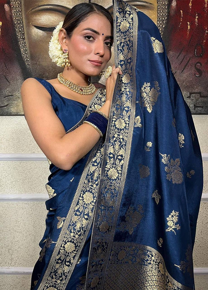 Blue Banarasi Silk Saree With Blouse Piece