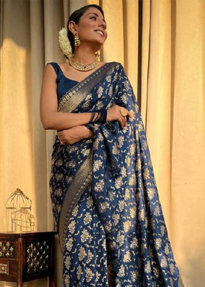 Navy Blue Banarasi Silk Saree With Blouse Piece