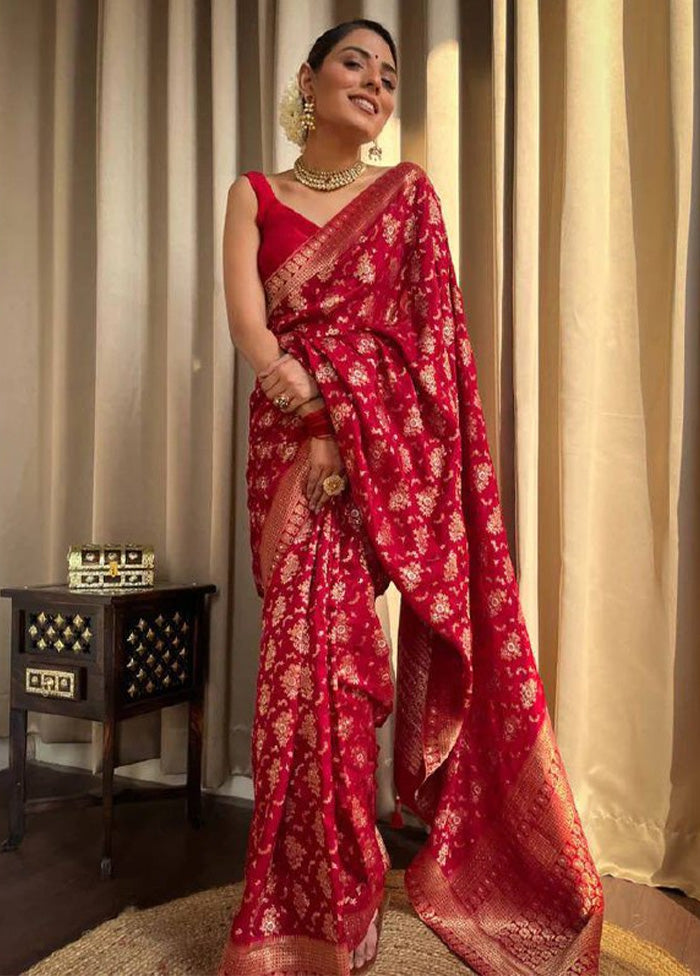 Red Banarasi Silk Saree With Blouse Piece