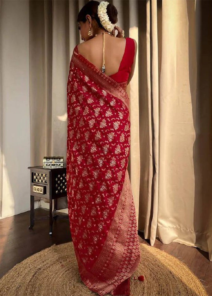 Red Banarasi Silk Saree With Blouse Piece