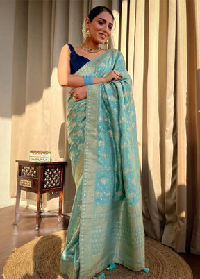 Turquoise Blue Banarasi Silk Saree With Blouse Piece