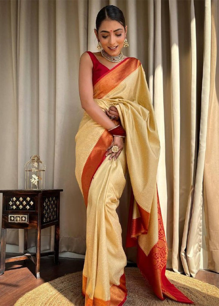 Cream Banarasi Silk Saree With Blouse Piece