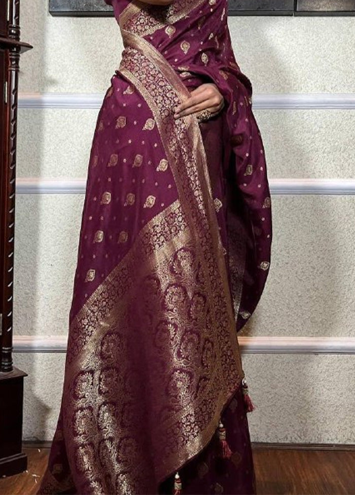 Wine Banarasi Silk Saree With Blouse Piece