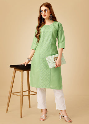 2 Pc Pista Green Readymade Cotton Kurti Set