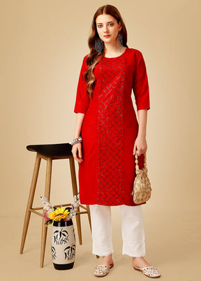 2 Pc Red Readymade Cotton Kurti Set