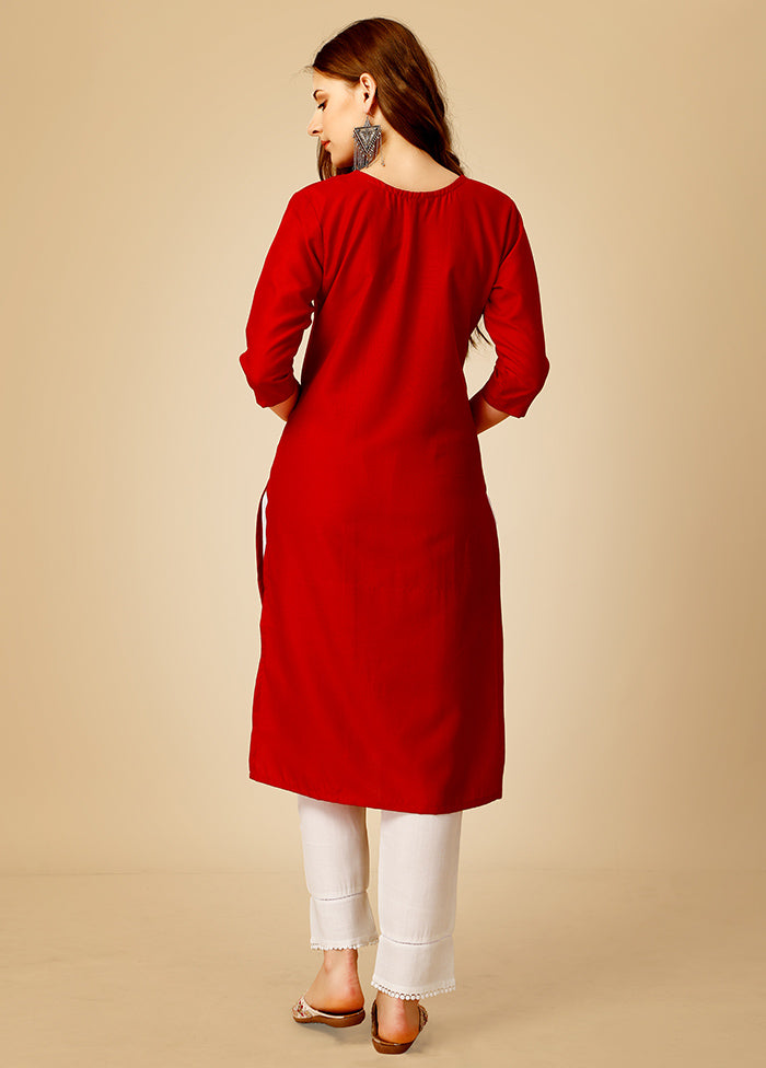 2 Pc Red Readymade Cotton Kurti Set