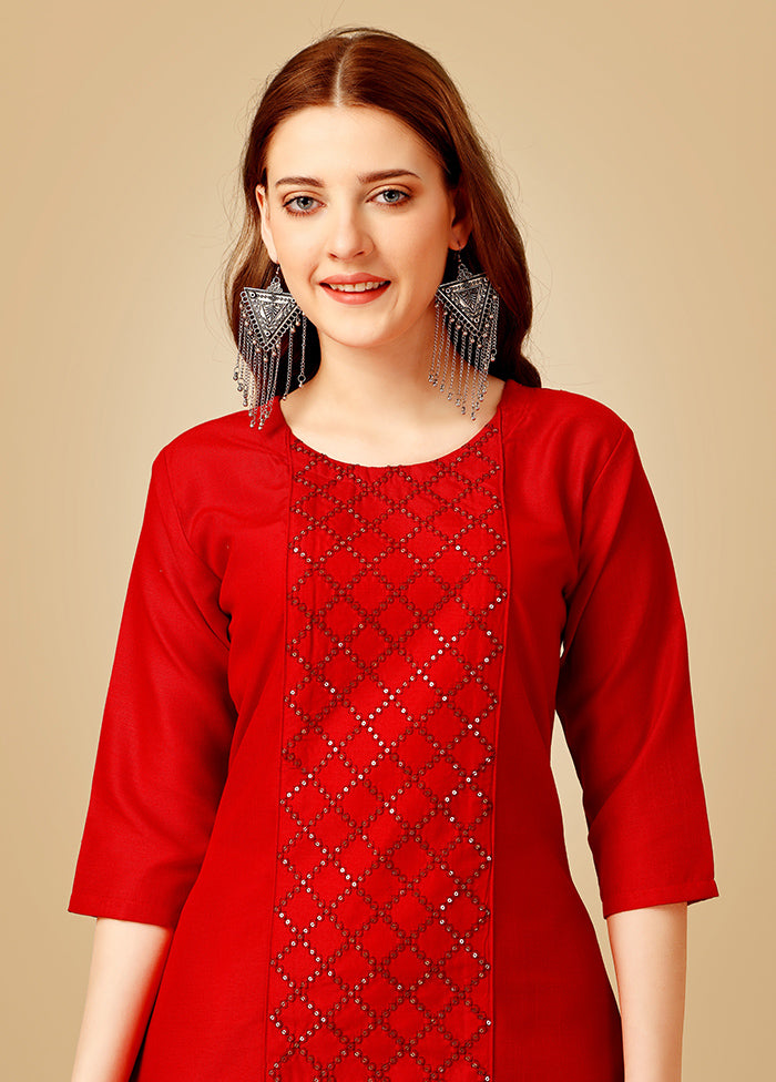 2 Pc Red Readymade Cotton Kurti Set