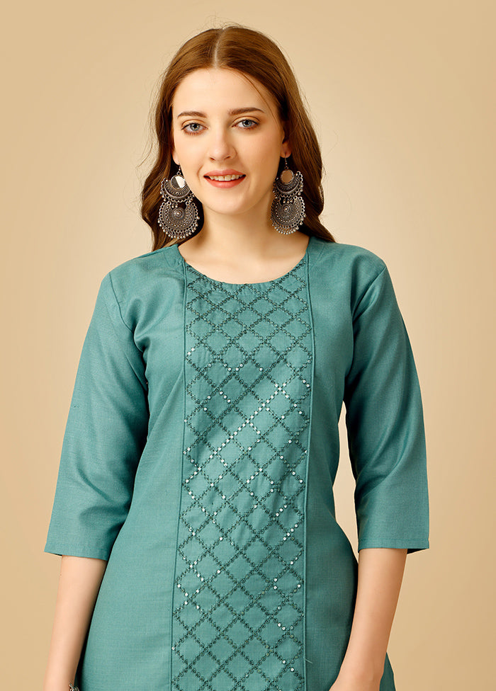 2 Pc Teal Readymade Cotton Kurti Set