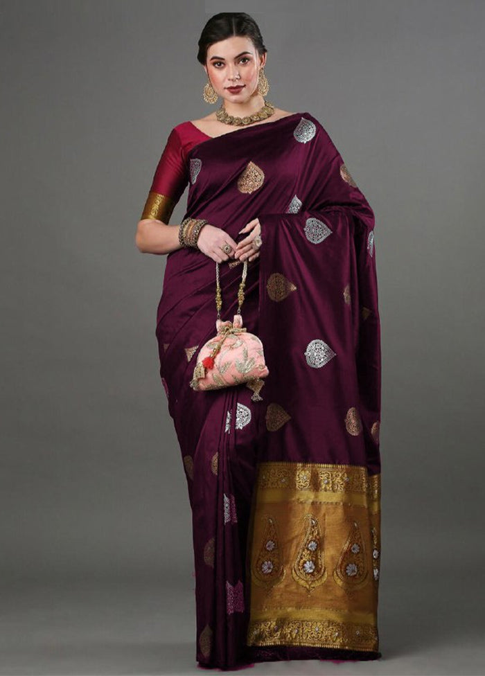 Wine Banarasi Silk Saree With Blouse Piece