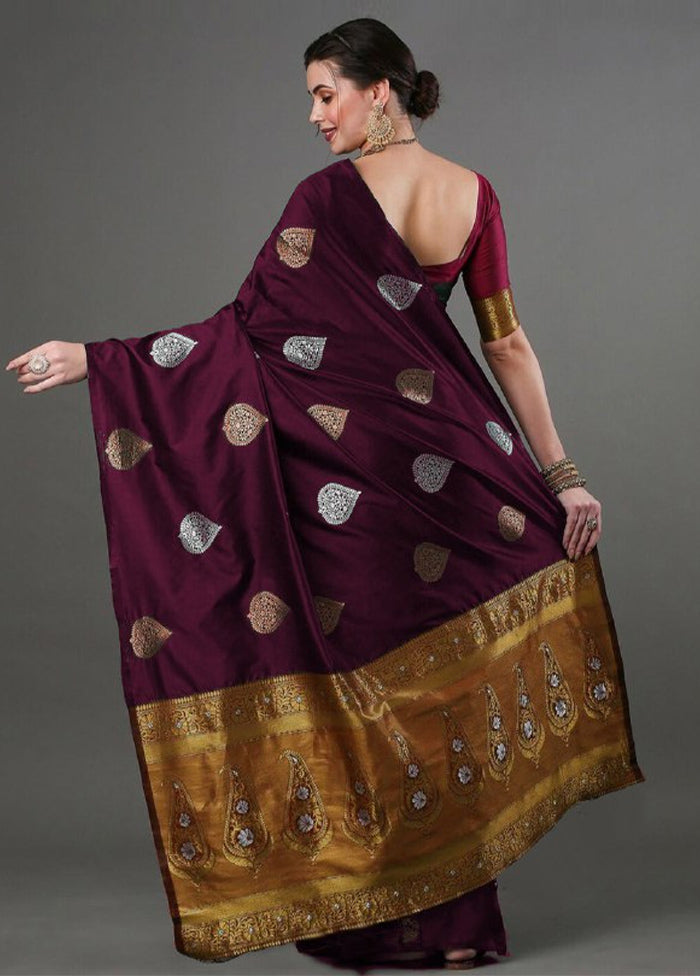 Wine Banarasi Silk Saree With Blouse Piece