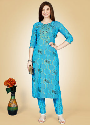 2 Pc Sky Blue Readymade Rayon Kurti Set