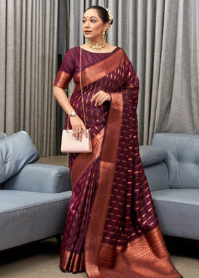 Burgundy Banarasi Silk Saree With Blouse Piece