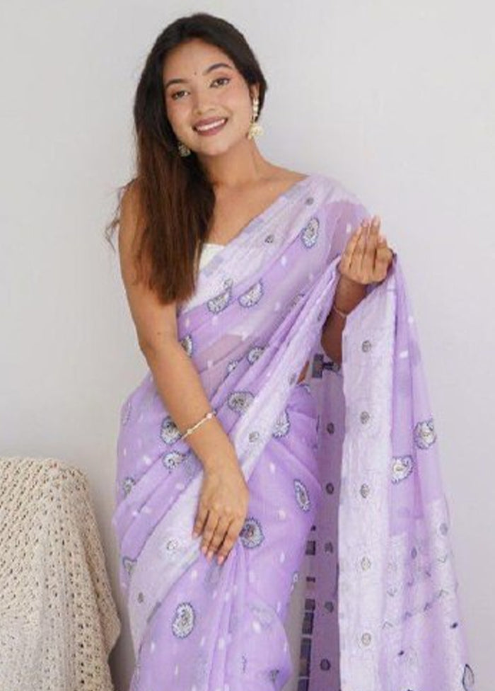 Lavender Cotton Saree With Blouse Piece