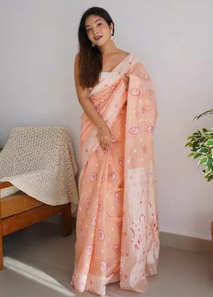 Peach Cotton Saree With Blouse Piece