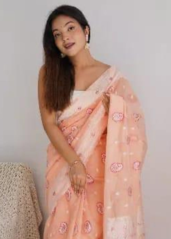 Peach Cotton Saree With Blouse Piece