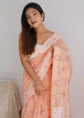 Peach Cotton Saree With Blouse Piece