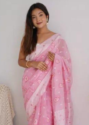 Light Pink Cotton Saree With Blouse Piece