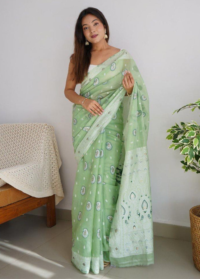 Pista Green Cotton Saree With Blouse Piece