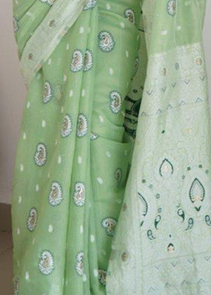 Pista Green Cotton Saree With Blouse Piece